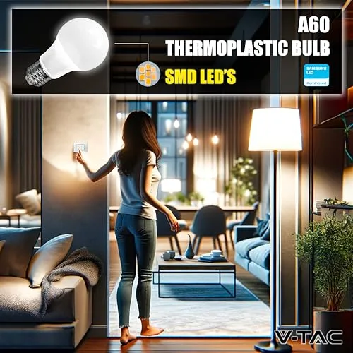 V-TAC ▫️ 10x Lâmpadas LED E27 - [ Alta eficiência 8,5 W ] - A60 - (Equivalentes a 60 W) - Lâmpadas de nova geração de baixo consumo - 806 lúmenes - Luz branca fria 6500 K 5