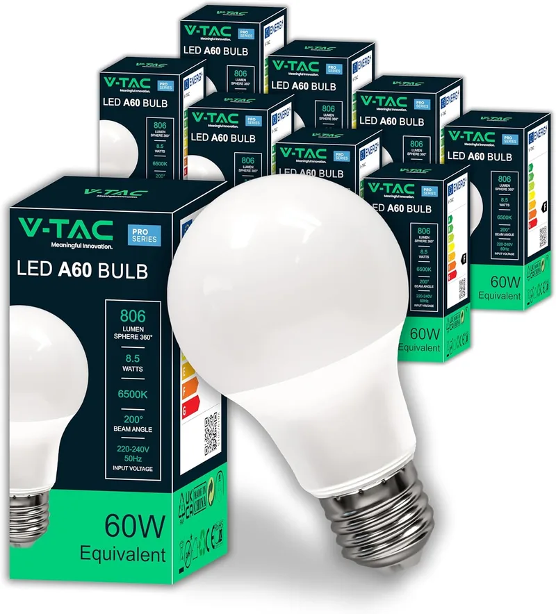 V-TAC ▫️ 10x Lâmpadas LED E27 - [ Alta eficiência 8,5 W ] - A60 - (Equivalentes a 60 W) - Lâmpadas de nova geração de baixo consumo - 806 lúmenes - Luz branca fria 6500 K