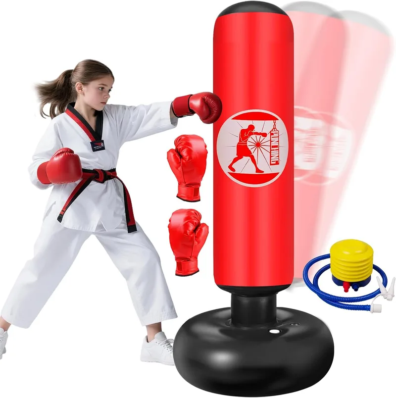 Qoosea ▫️ Saco de Boxe para Crianças dos 6 aos 12 Anos, 160 cm – Saco de Boxe de Chão com Bomba de Ar e Luvas de Boxe, Saco de Boxe Inflável Estável para Karaté, Kickboxing, MMA, Presente Ideal para Meninos e Meninas