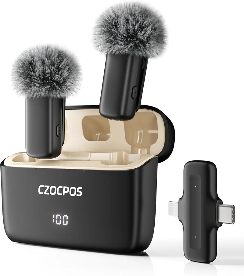 CZOCPOS ▫️ Microfone sem fios para telemóvel, Pad e Android com caixa de carregamento, 2 microfones de lapela Plug & Play, redução de ruído, mini microfone para vídeo, Youtube, Vlog e streaming