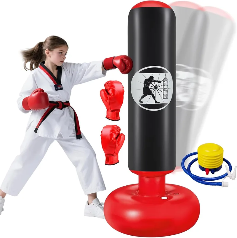 Qoosea ▫️ Saco de boxe para crianças 6-12 anos, saco de boxe de 160 cm com bomba de ar e luvas de boxe, saco de boxe insuflável estável para karaté, kickboxing, MMA, prenda ideal para rapazes e raparigas