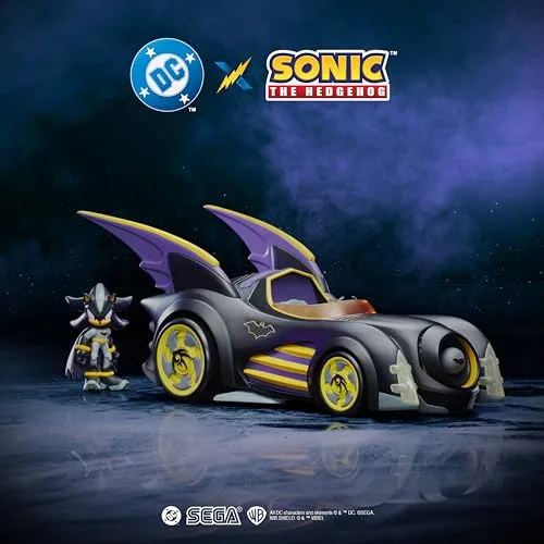 Sonic The Hedgehog ▫️ DC x Sonic – Shadow como Batman com Batimóvel com Funções, 6 cm, Conjunto de Figuras de Ação, Licença Oficial da Jakks Pacific, Veículo Interativo com projétil lançável e turbina giratória 2