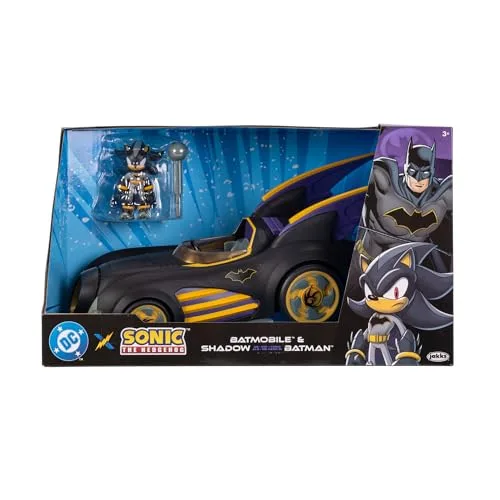 Sonic The Hedgehog ▫️ DC x Sonic – Shadow como Batman com Batimóvel com Funções, 6 cm, Conjunto de Figuras de Ação, Licença Oficial da Jakks Pacific, Veículo Interativo com projétil lançável e turbina giratória 6