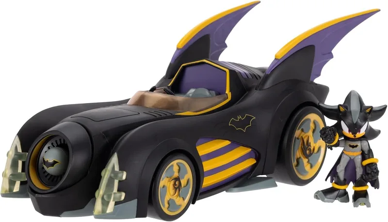 Sonic The Hedgehog ▫️ DC x Sonic – Shadow como Batman com Batimóvel com Funções, 6 cm, Conjunto de Figuras de Ação, Licença Oficial da Jakks Pacific, Veículo Interativo com projétil lançável e turbina giratória