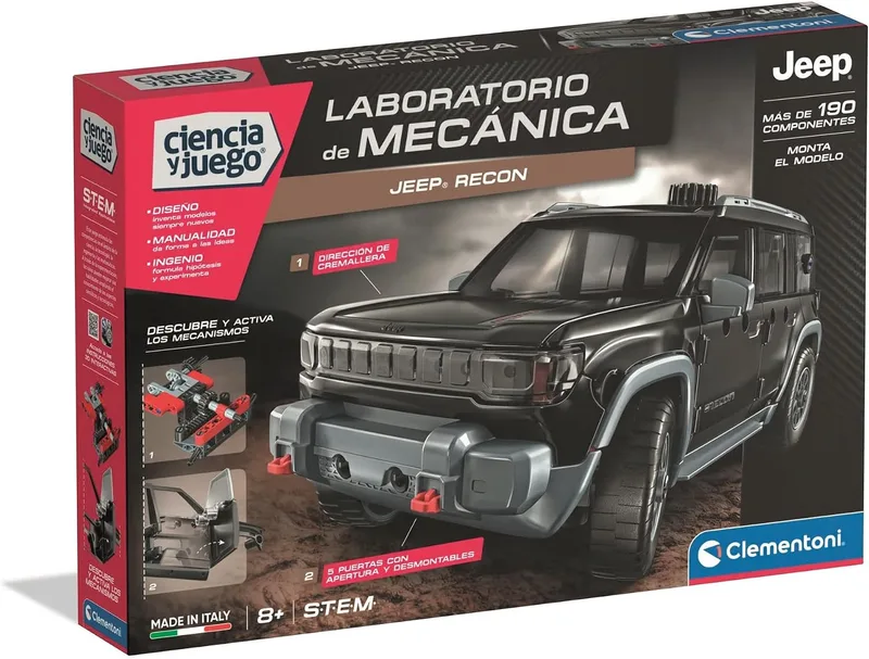 Clementoni ▫️ Mechanics - Jeep Recon - Mais de 200 peças para construir o todo-o-terreno elétrico - com 5 portas e sistema de direção de cremalheira - A partir dos 8 anos - 55622