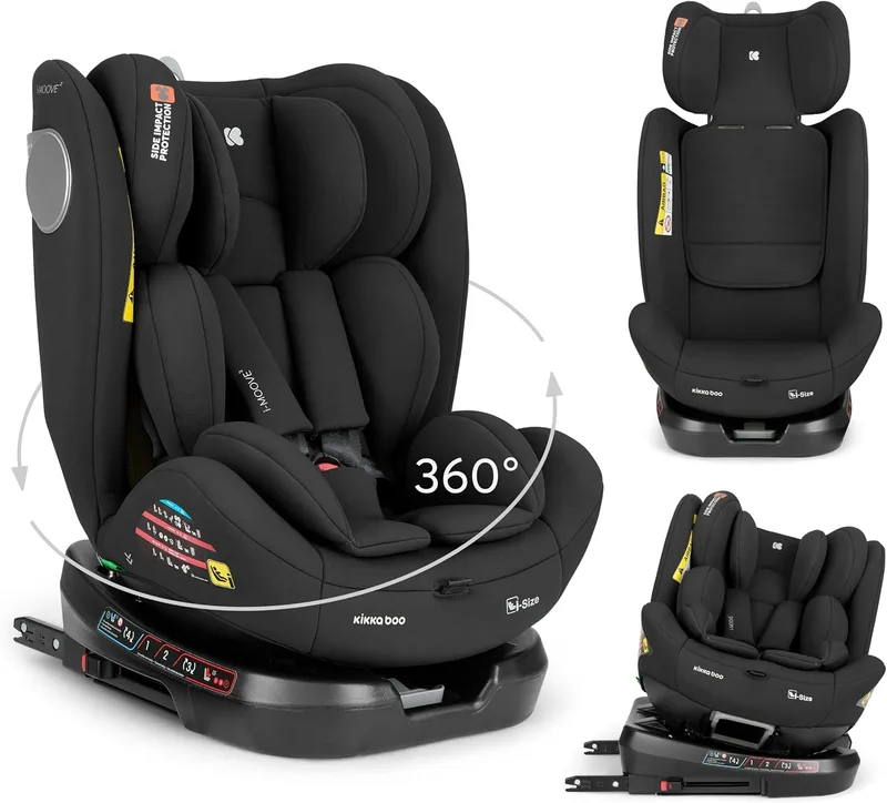 kikka boo ▫️ KikkaBoo Cadeira de Automóvel para Bebé Grupo 0, 1, 2, 3 i-MOOVE 2, i-Size 40–150 cm com ISOFIX, rotação de 360°, reclinável, encosto de cabeça ajustável, preta