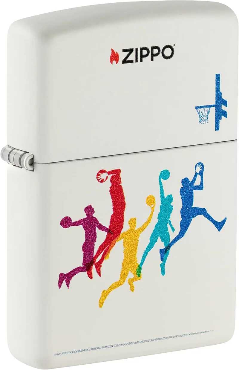 Zippo ▫️ Isqueiro à prova de vento - Basquetebol, Branco Mate, Imagem a cores - Recarregável - Reutilizável - Design à prova de vento - Embalagem de presente - Fabricado nos Estados Unidos