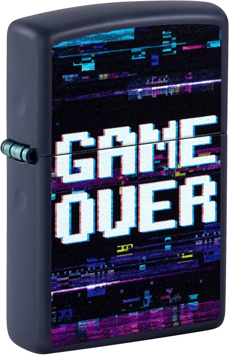 Zippo ▫️ Isqueiro - Game Over, Azul-marinho Mate, Imagem a cores - Recarregável - Reutilizável - Design resistente ao vento - Caixa de presente - Fabricado nos EUA