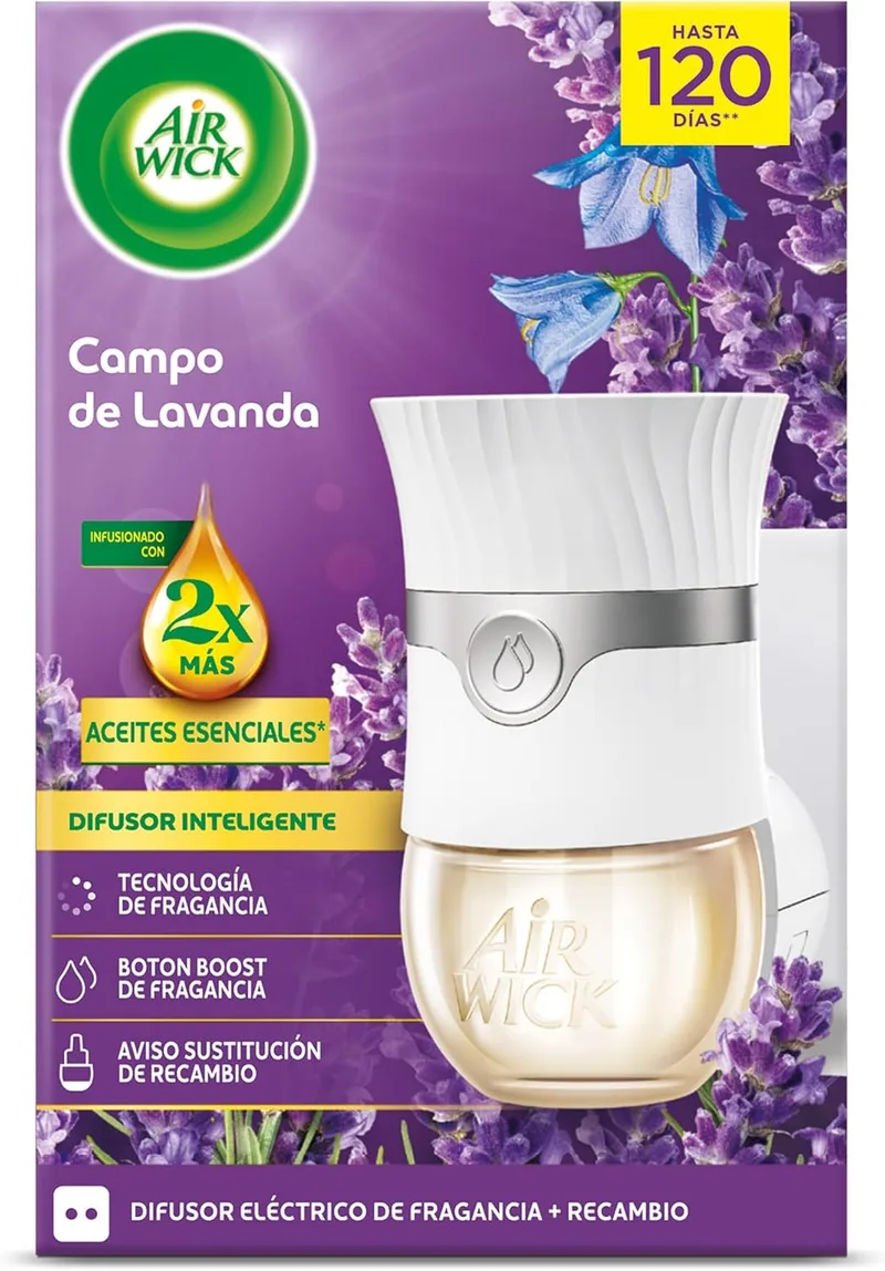 Air Wick ▫️ Ambientador elétrico - Dispositivo difusor inteligente com tecnologia anti-desbotamento e recarga de aroma de lavanda, infundido com 2X mais óleos essenciais