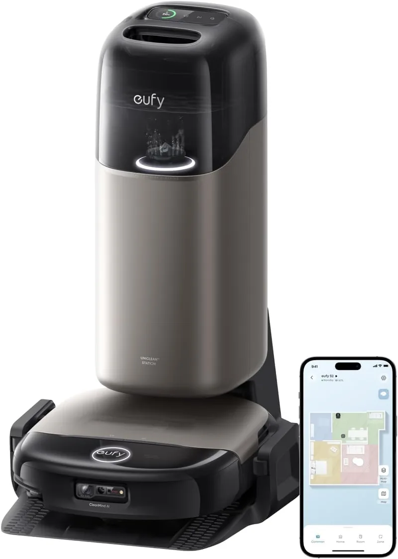 eufy ▫️ Robô aspirador e esfregador HydroJet S2, 30 000 Pa | Sistema HydroJet 2.0, Eco-Clean, limpeza de ponta a ponta, escovas DuoSpiral, estação UniClean 12 em 1