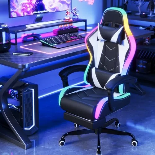 JUMMICO ▫️ Cadeira de Gaming com LED, Cool Racing Gamer, Cadeira ergonómica de escritório com função de massagem, encosto ajustável de 90 a 135°, com apoio para os pés telescópico, Cadeira de Gaming com capacidade para 150 kg, Branca 2