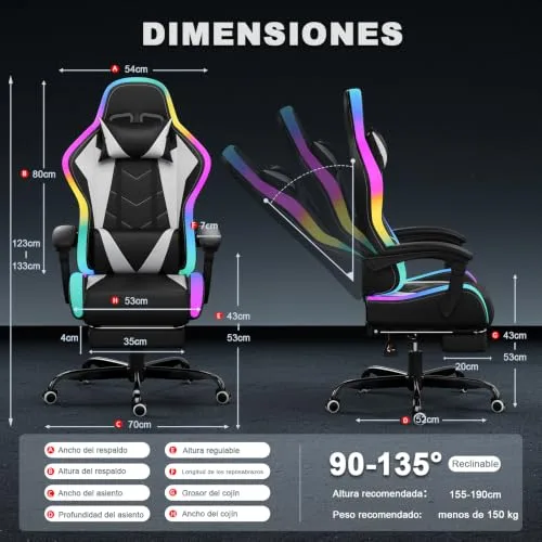 JUMMICO ▫️ Cadeira de Gaming com LED, Cool Racing Gamer, Cadeira ergonómica de escritório com função de massagem, encosto ajustável de 90 a 135°, com apoio para os pés telescópico, Cadeira de Gaming com capacidade para 150 kg, Branca 3