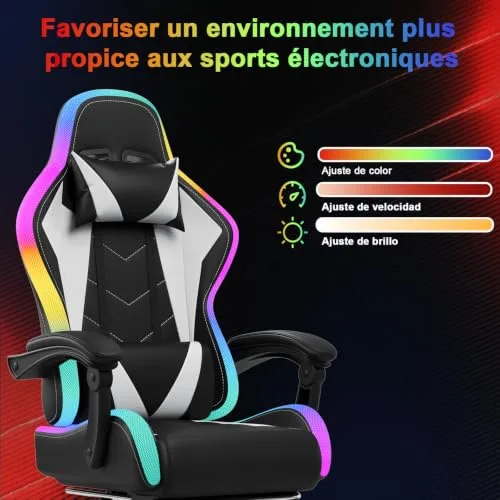 JUMMICO ▫️ Cadeira de Gaming com LED, Cool Racing Gamer, Cadeira ergonómica de escritório com função de massagem, encosto ajustável de 90 a 135°, com apoio para os pés telescópico, Cadeira de Gaming com capacidade para 150 kg, Branca 4