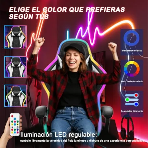 JUMMICO ▫️ Cadeira de Gaming com LED, Cool Racing Gamer, Cadeira ergonómica de escritório com função de massagem, encosto ajustável de 90 a 135°, com apoio para os pés telescópico, Cadeira de Gaming com capacidade para 150 kg, Branca 5
