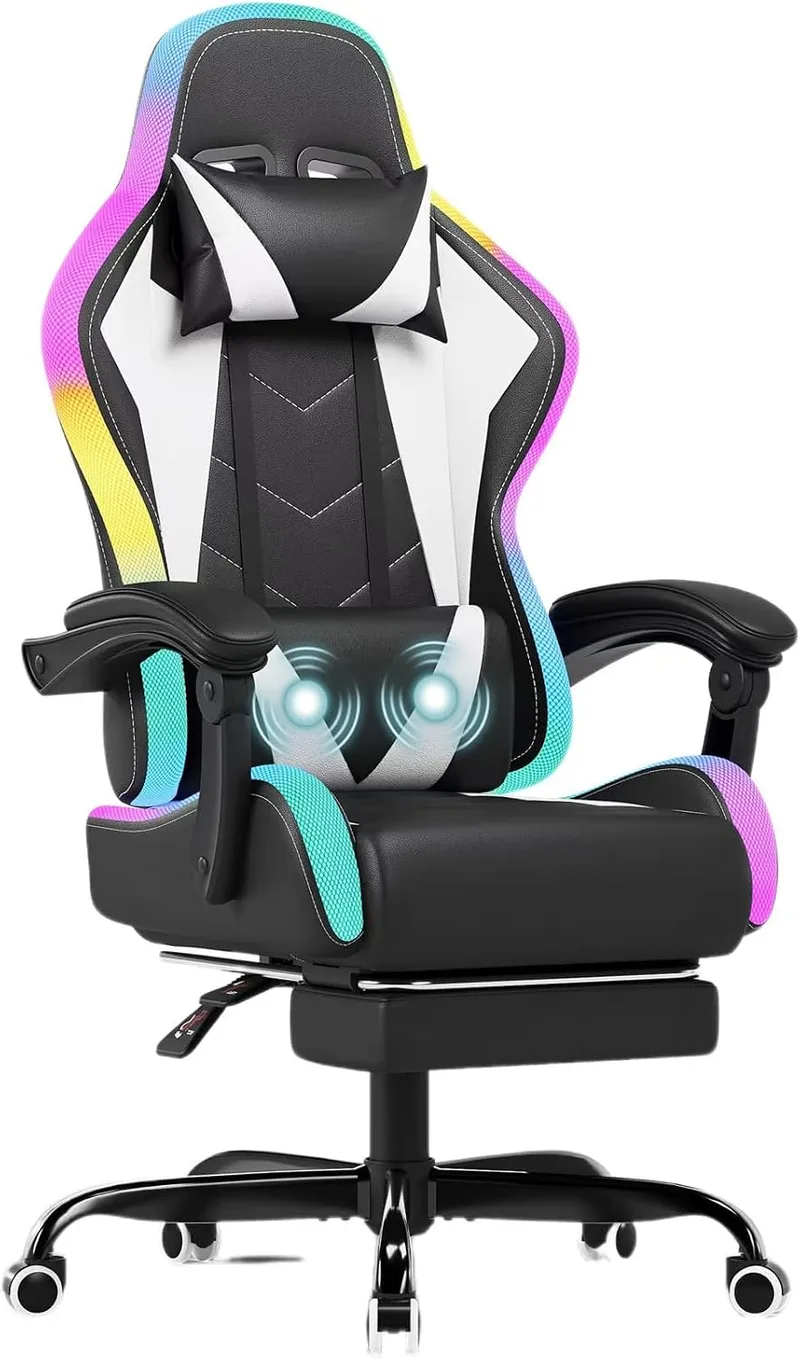 JUMMICO ▫️ Cadeira de Gaming com LED, Cool Racing Gamer, Cadeira ergonómica de escritório com função de massagem, encosto ajustável de 90 a 135°, com apoio para os pés telescópico, Cadeira de Gaming com capacidade para 150 kg, Branca