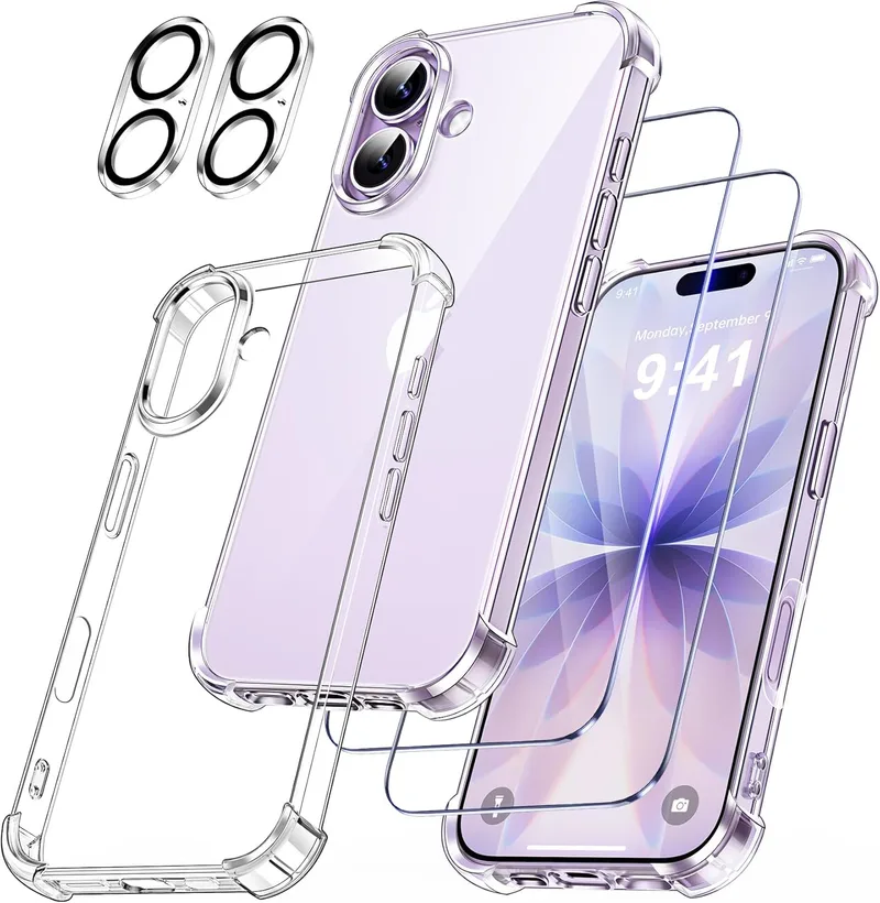 FLLAO ▫️ 5 em 1 Capa para iPhone 17 com 2 protetores de ecrã e 2 protetores de lente da câmara, [Almofada de ar integrada] Capa resistente a choques e arranhões para telemóvel de 6,3 polegadas, transparente