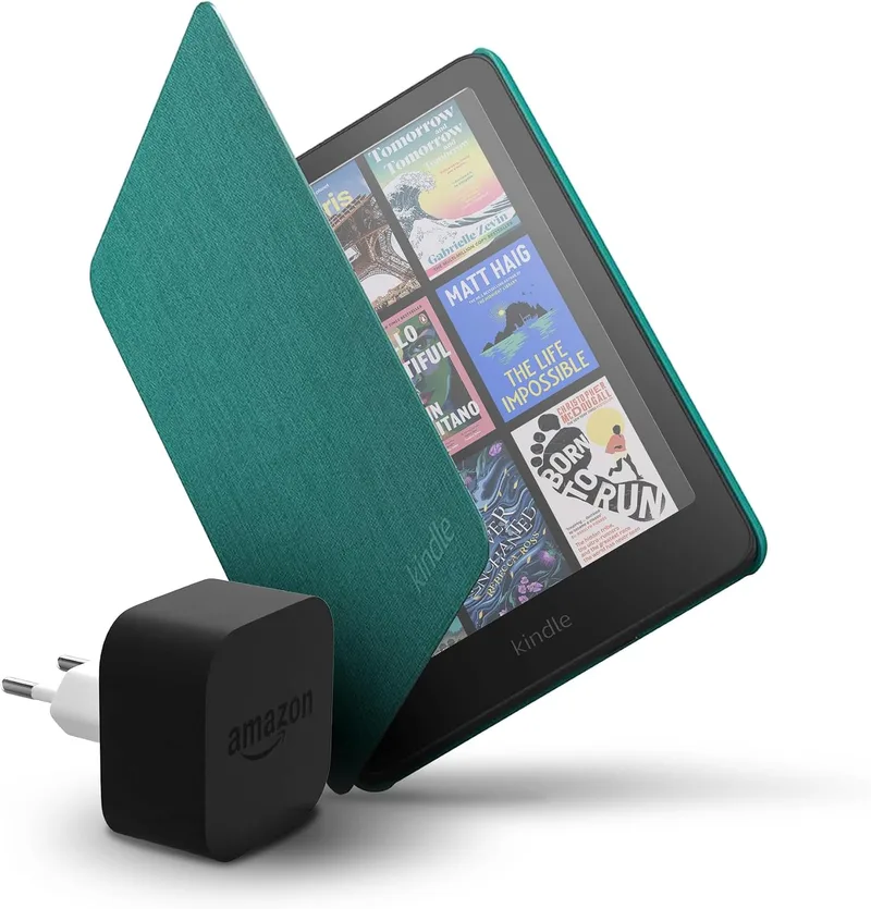 Amazon ▫️ Kindle Colorsoft de 16 GB + Capa em tecido verde-jade + Adaptador de 9 W