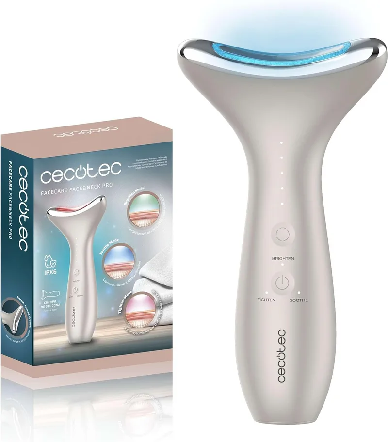 Cecotec ▫️ Tonificador Facial Elétrico FaceCare Face&Neck Pro. Rosto e pescoço, formato curvo e cabeça em alumínio, 3 modos, luz LED vermelha, azul e verde, 5 níveis de EMS, vibração, calor, IPX6