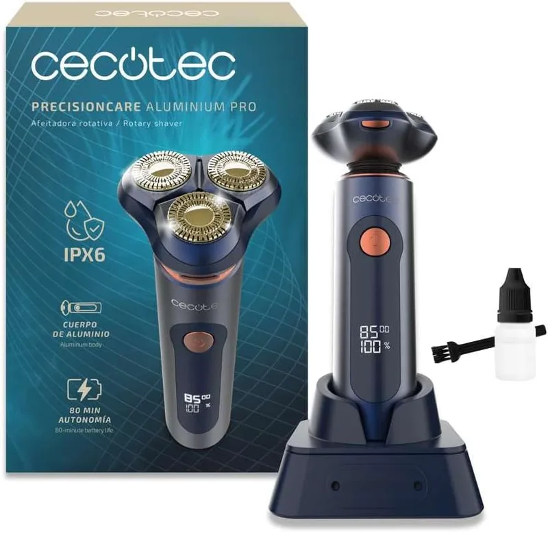 Cecotec ▫️ Máquina de barbear rotativa PrecisionCare Aluminium Pro. Autonomia de 80 minutos, ecrã LCD, lâminas de titânio, 8000 rpm, resistente à água (IPX6), tecnologia de lâmina dupla, base de carregamento
