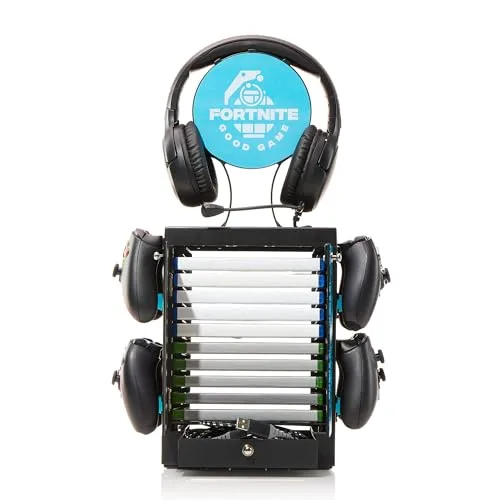Numskull ▫️ Armário e Suporte de Arrumação Oficial do Fortnite da Good Game Gaming – Capacidade para 10 jogos/DVDs, 4 comandos, auscultadores e acessórios – Organizador compacto para jogos 3