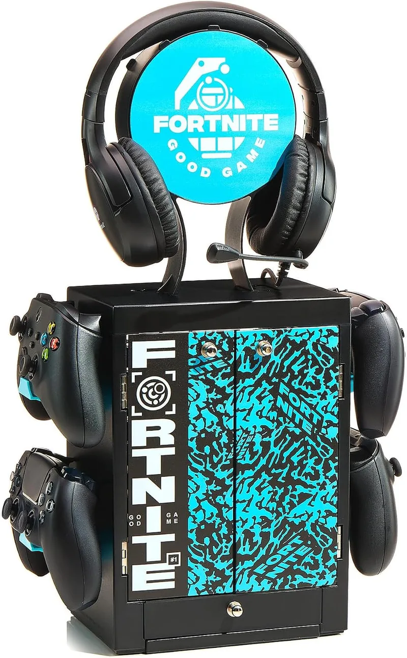 Numskull ▫️ Armário e Suporte de Arrumação Oficial do Fortnite da Good Game Gaming – Capacidade para 10 jogos/DVDs, 4 comandos, auscultadores e acessórios – Organizador compacto para jogos