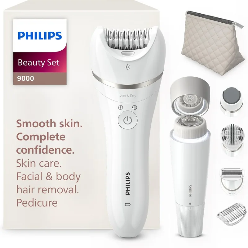 Philips ▫️ Beauty Set Série 9000 - Conjunto de beleza tudo-em-um para corpo, rosto e pés, depiladora sem fios, utilização a seco e a húmido, com 6 acessórios, Modelo BRE770/92