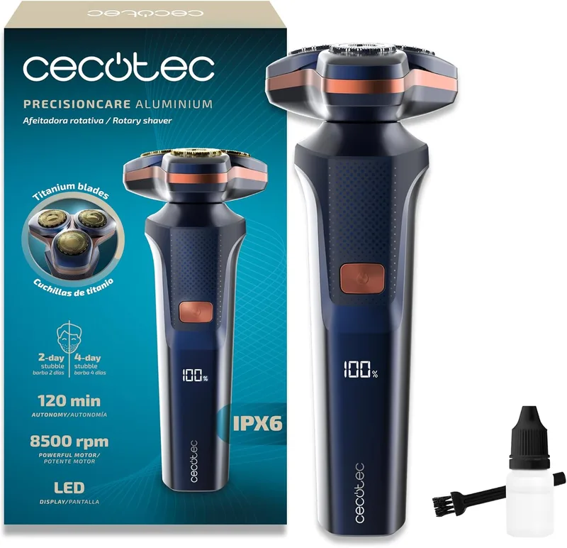 Cecotec ▫️ Máquina de Barbear Rotativa PrecisionCare Aluminium. Lâminas para cabelo comprido e curto, ecrã LED inteligente, 2 velocidades, 8500 rpm, autonomia de 2 horas, cabeça magnética e revestimento de titânio