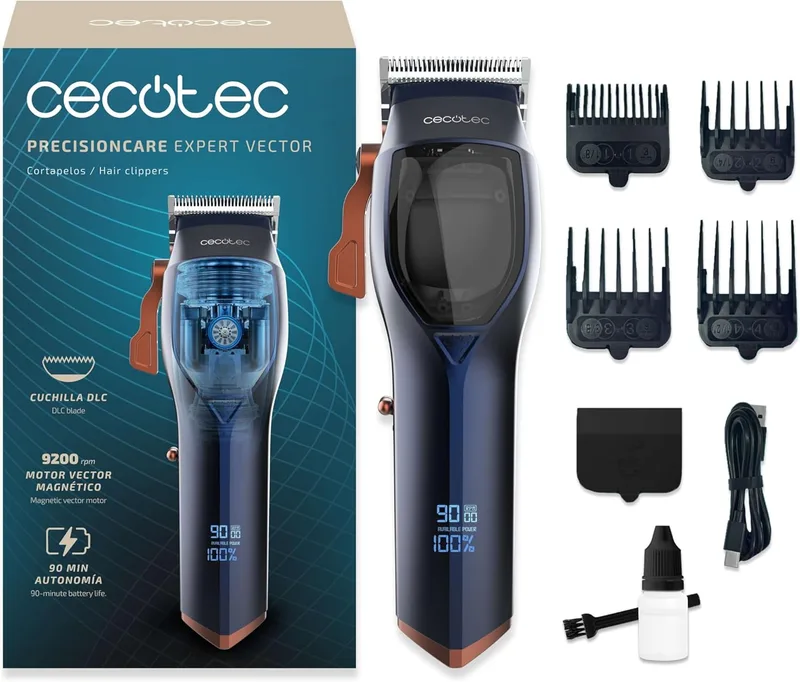 Cecotec ▫️ Cortador de cabelo com motor magnético vetorial PrecisionCare Expert Vector. 9200 rpm, 4 pentes, lâmina DLC em aço inoxidável e cerâmica, ecrã, autonomia de 90 minutos, carregador tipo C