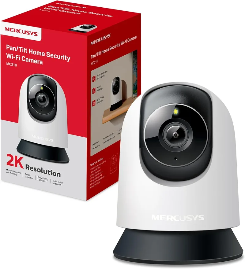 MERCUSYS ▫️ MC210 Câmara Wi-Fi interna 2K 3MP, Câmara de vigilância 360°, Visão nocturna, Áudio bidirecional, Deteção de movimento/Notificações/Alarme, Zona de privacidade, Suporta microSD até 512