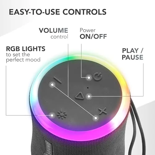 Music Sound ▫️ Aura 10 W - Altifalante Bluetooth portátil - Preto - IPX6 - Luzes RGB 5