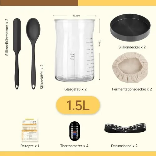 Coco Bird ▫️ Pro - Conjunto de iniciação à massa-mãe, com um grande frasco de vidro de 1,5 l e 17 receitas, acessório para preparar massa-mãe para cozer pão e fermentação (2 unidades) 2