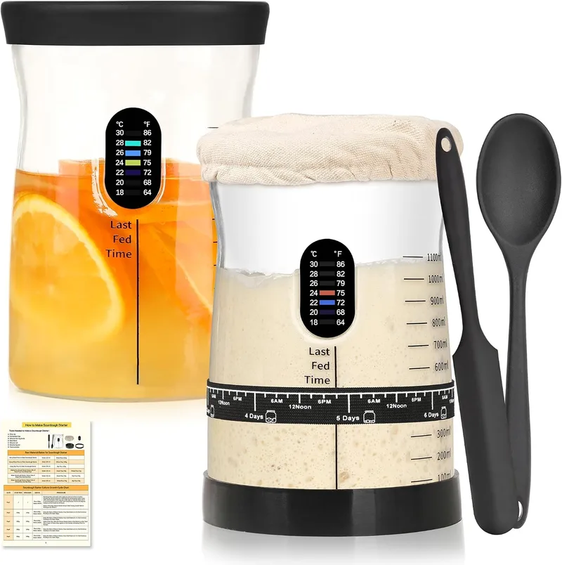 Coco Bird ▫️ Pro - Conjunto de iniciação à massa-mãe, com um grande frasco de vidro de 1,5 l e 17 receitas, acessório para preparar massa-mãe para cozer pão e fermentação (2 unidades)