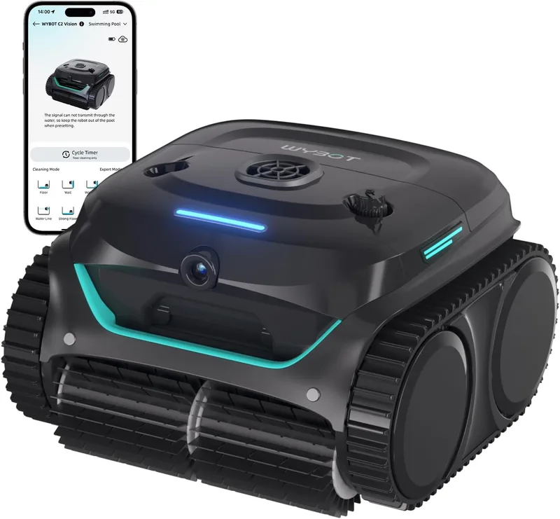 WYBOT ▫️ (Modelo) Robô de piscina C2 Vision-A sem fios com câmara com IA, filtração ultrafina, alta sucção, limpeza do fundo, das paredes e da linha de água, navegação inteligente – Preto e Verde Intenso