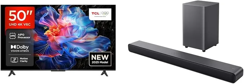 TCL ▫️ Pacote de Smart TV 50V6C Diret LED, 4K HDR, Google TV (Dolby Audio, Motion Clarity) + Barra de som Dolby Atmos 2.1 canais S55HE, 220 W de potência máxima com sistema de graves duplo, subwoofer sem fios