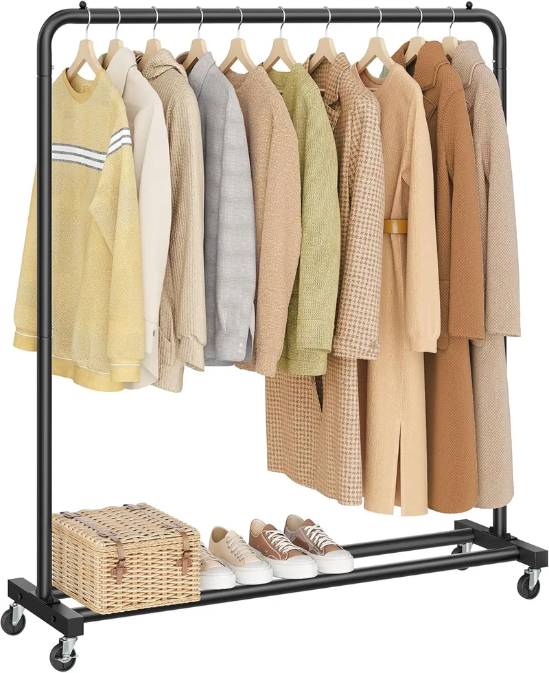 SONGMICS ▫️ Estante de Roupa com Rodas, Estante de Roupa Móvel, 2 Rodas com Travão, para Quarto, Capacidade de Carga 50 kg, 38 x 110 x 141,5 cm, Tinta Preta HSR016BH01