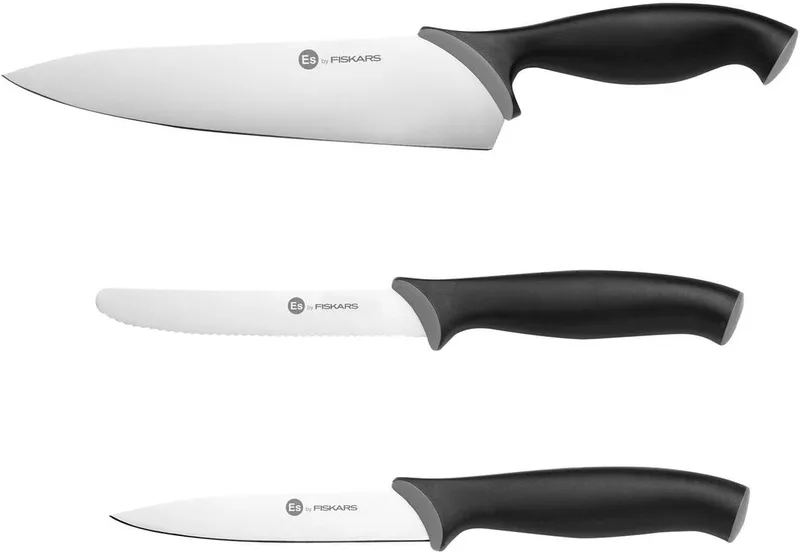 FISKARS ▫️ Conjunto de facas (3 peças), faca grande de chef, faca de legumes, faca de tomate, comprimentos de lâmina: 21 cm, 11 cm, 11,5 cm), Essencial, 1081134