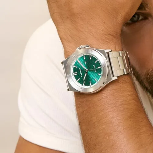 Radiant ▫️ Relógio analógico de quartzo para homem, caixa redonda de 42,00 mm prateada/cinzenta, mostrador verde, bracelete em aço prateado/cinzento com fecho deployant, pilha incluída, resistente à água até 5 ATM 2