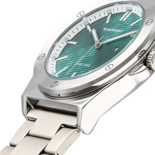 Radiant ▫️ Relógio analógico de quartzo para homem, caixa redonda de 42,00 mm prateada/cinzenta, mostrador verde, bracelete em aço prateado/cinzento com fecho deployant, pilha incluída, resistente à água até 5 ATM 4