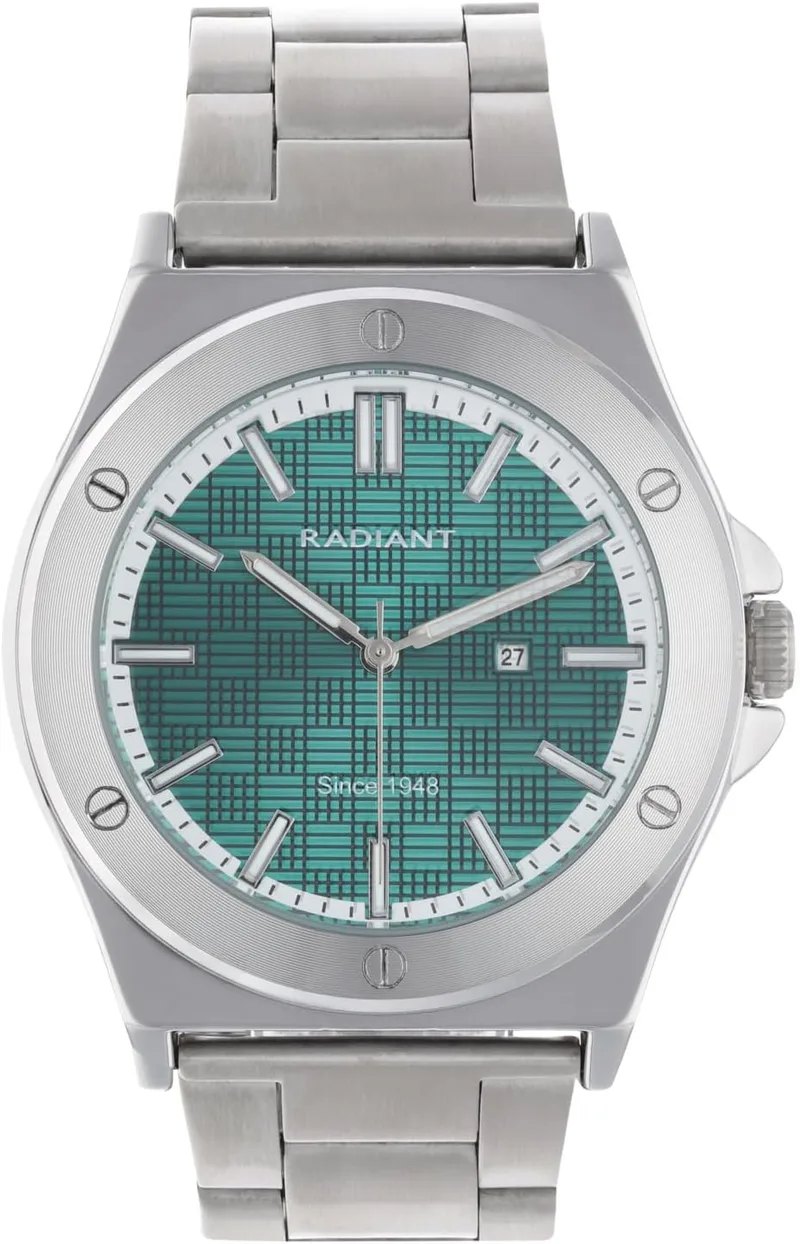 Radiant ▫️ Relógio analógico de quartzo para homem, caixa redonda de 42,00 mm prateada/cinzenta, mostrador verde, bracelete em aço prateado/cinzento com fecho deployant, pilha incluída, resistente à água até 5 ATM