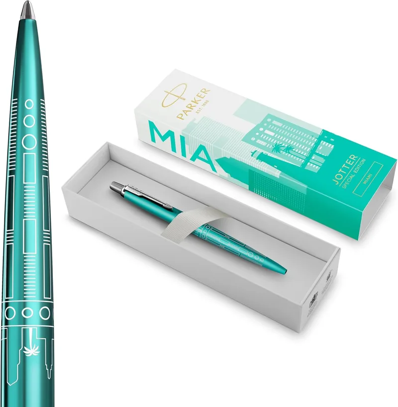 PARKER ▫️ Caneta Jotter | Edição Especial | Turquesa Miami com rebordo cromado | Ponta média | Tinta azul | Estojo de presente