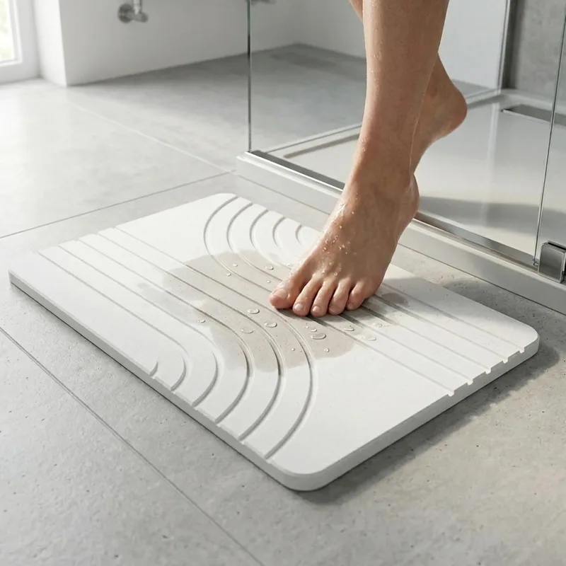 Lynna ▫️ Tapete de diatomite para casa de banho – Secagem rápida e antiderrapante – Tapete de diatomite para a saída do chuveiro – Tapete ecológico e duradouro – Design moderno (branco)