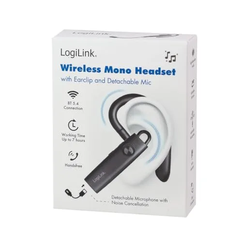 LogiLink ▫️ Auscultadores sem fios mono com clipe para a orelha, Bluetooth versão 5.4, carregamento via USB-C, aproximadamente 100 horas, microfone amovível 7