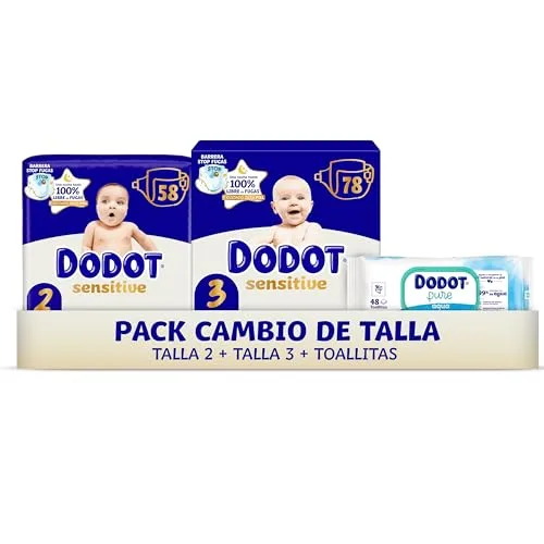 DODOT ▫️ Kit Sensitive para Recém-Nascidos: Fraldas + toalhitas, 58 fraldas do tamanho 2 + 78 fraldas do tamanho 3 + 48 toalhitas Pure Aqua para bebés, 99% de água 2