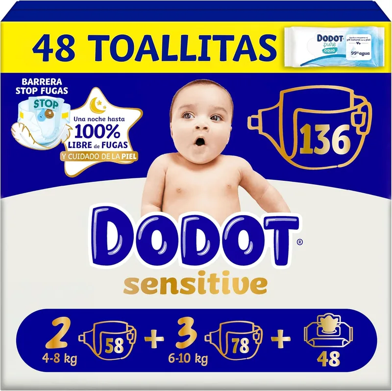 DODOT ▫️ Kit Sensitive para Recém-Nascidos: Fraldas + toalhitas, 58 fraldas do tamanho 2 + 78 fraldas do tamanho 3 + 48 toalhitas Pure Aqua para bebés, 99% de água