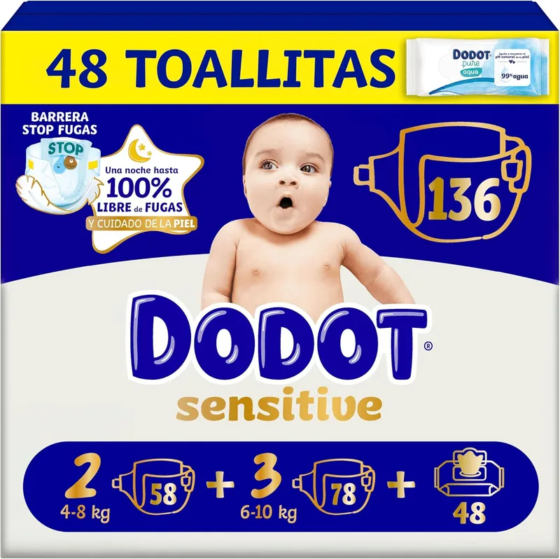 DODOT ▫️ Kit Sensitive para Recém-Nascidos: Fraldas + toalhitas, 58 fraldas do tamanho 2 + 78 fraldas do tamanho 3 + 48 toalhitas Pure Aqua para bebés, 99% de água