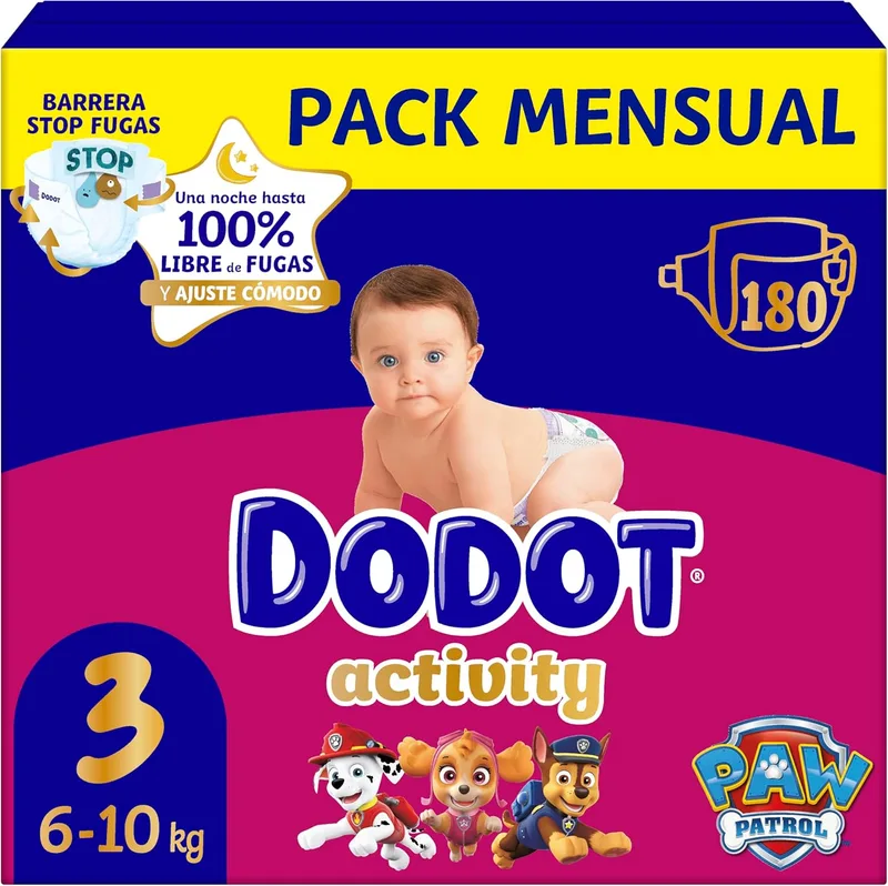 DODOT ▫️ Fraldas Activity para bebé, Tamanho 3 (6-10 kg), 180 fraldas, até 12 horas de proteção contra fugas e ajuste, embalagem mensal