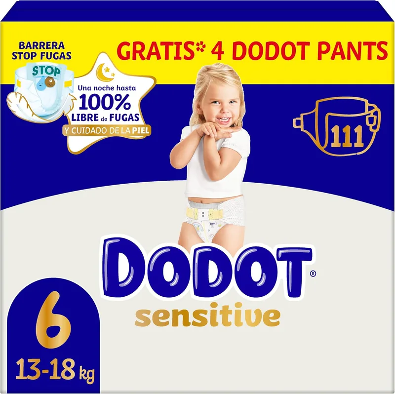 DODOT ▫️ Fraldas Sensitive para bebé, Tamanho 6 (+13 kg), 111 fraldas + 4 calças de oferta, até 12 horas de proteção contra fugas e cuidado da pele, embalagem mensal