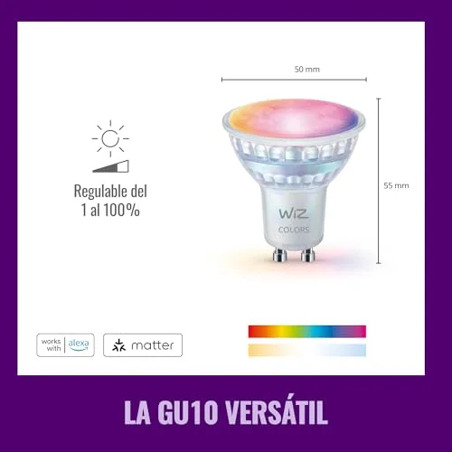WiZ ▫️ Lâmpada LED inteligente de cristal GU10, RGB, equivalente a 50 W, 2200-6500 K, 345 lm, regulável, compatível com Alexa, Google Assistant e Apple Home, 4 unidades. 6