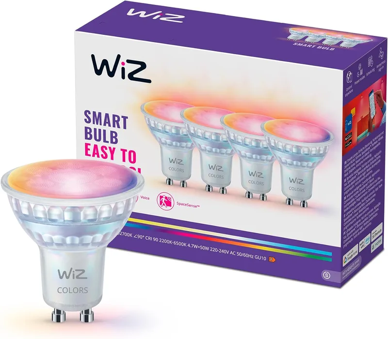 WiZ ▫️ Lâmpada LED inteligente de cristal GU10, RGB, equivalente a 50 W, 2200-6500 K, 345 lm, regulável, compatível com Alexa, Google Assistant e Apple Home, 4 unidades.