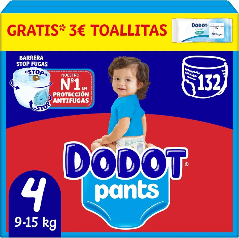 DODOT ▫️ Baby Pants Fraldas, tamanho 4, 9-15 kg, 132 fraldas, fraldas com ajuste anti-fuga de 360°, pacote mensal
